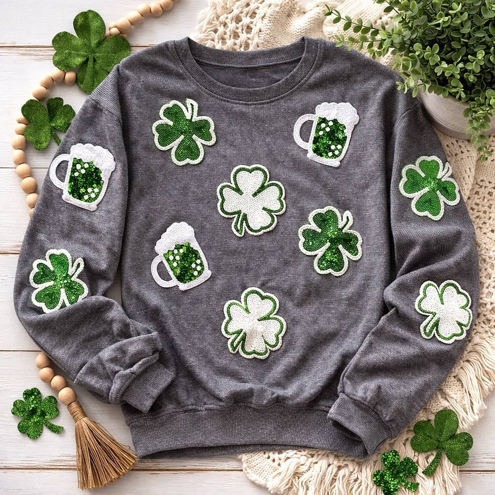 St Patrick’s Day Shamrock Beer Mug Sequin Waffle Knit Top Gray Festive